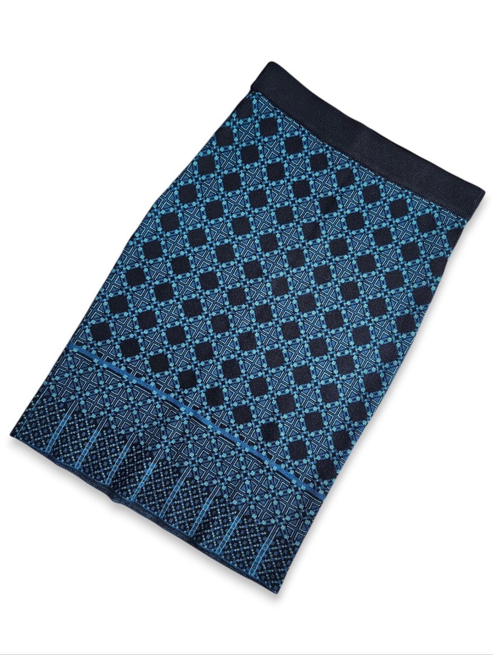 Max Studio Size L Skirt Knit Pencil Midi Jacquard Black Teal Stretch Sweater